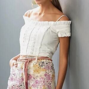 Anthropologie White Off the Shoulder Ruffled Cropped Blouse Cotton Ruching 12